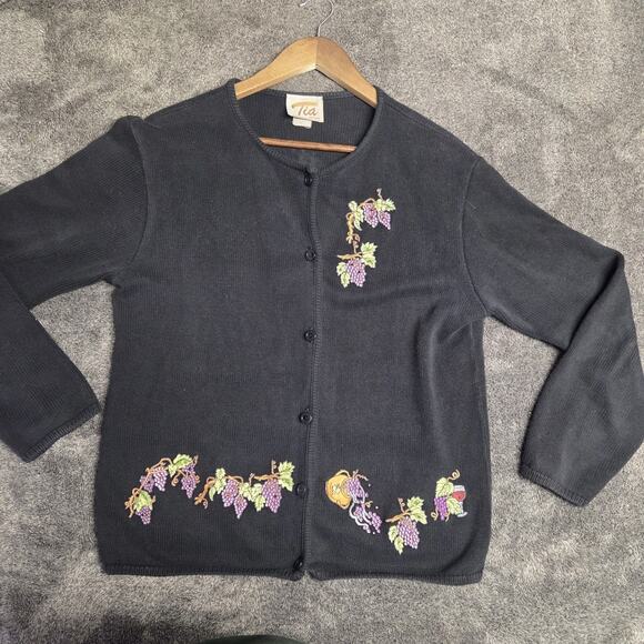 Vintage Novelty Cardigan Sweater Wine Grapes Grapevine Black Size Large - Picture 1 of 6